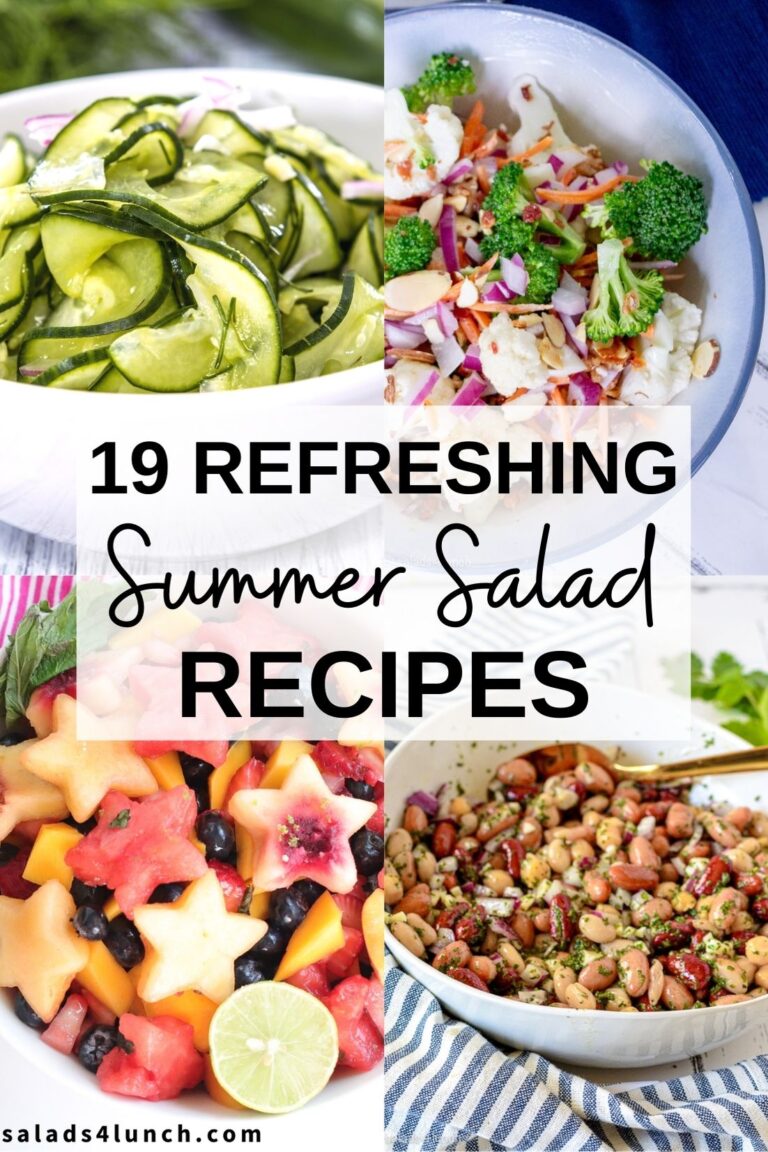 Collage of four colourful summer salad ideas and refreshing summer salads.