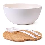 11.5' Extra Large Salad and Serving Bowl with Wooden Lid and Servers - Bamboo Fiber Wood Mixing Bowl Set with Utensils for Fruits, Vegetable Salads, Pasta, Home Decoration & Parties - Natural White