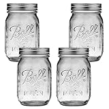 Regular Mouth Mason Jars 16 oz - (4 Pack) - Ball Regular Mouth Pint 16-Ounces Mason Jars With Airtight lids and Bands - For Canning, Fermenting, Pickling, Freezing, Storage + M.E.M Rubber Jar Opener