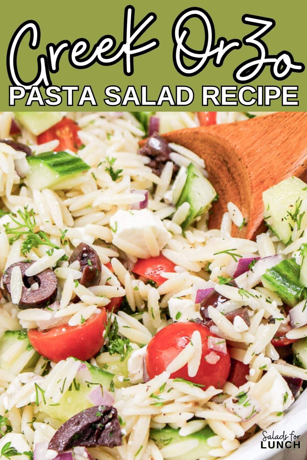 A close up of a salad made with orzo pasta olives feta tomatoes cucumber and greek salad dressing. - Are you ready to jazz up your lunchtime routine with a salad that's as delicious as it is easy to make? Say hello to the Greek Orzo Salad—a vibrant, refreshing dish that's bursting with Mediterranean flavors and perfect for any meal. Whether you're looking for a quick lunch or a light dinner, this salad is a crowd-pleaser that’s sure to satisfy. This Greek Orzo Salad comes together in just 25 minutes, making it an ideal choice for busy days when you still want to eat something healthy and delicious.