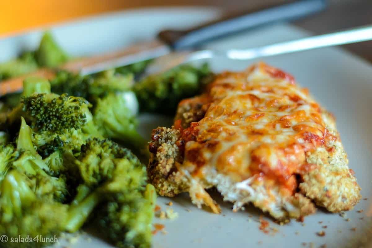 Air Fryer Chicken Parmesan 15 - Making this air fryer chicken parmesan is easy to do and takes half the time than it does in the conventional oven. Crispy and delicious! Garnish with parsley, serve with Easy Air Fryer Broccoli and enjoy!!
