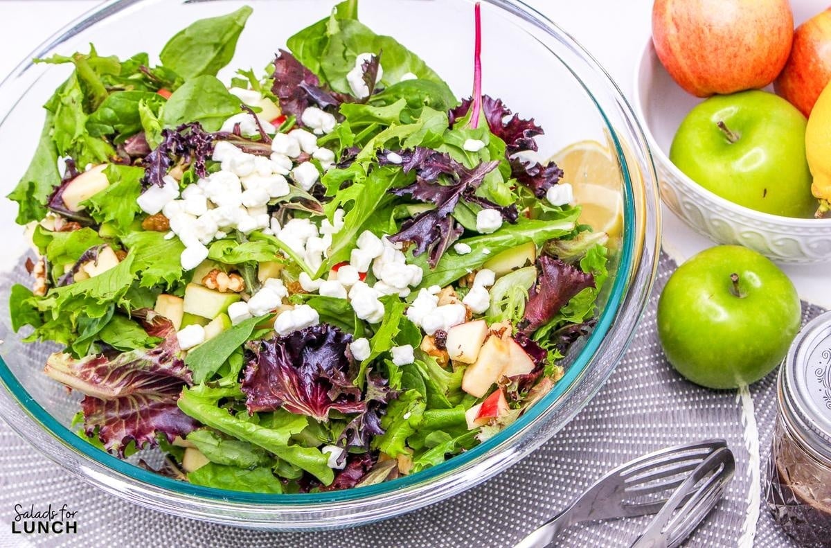 Apple and Goat Cheese Salad 7 - Crisp apples, tangy goat cheese, and crunchy pecans come together in this vibrant mixed green salad, drizzled with a zesty homemade vinaigrette. It’s the perfect balance of sweet, savory, and satisfying—like autumn in every bite! 🍏🥗✨