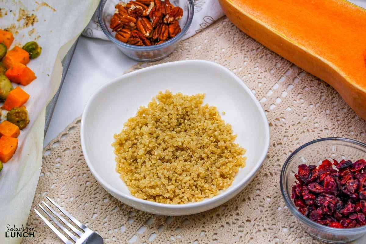 Autumn Grain Bowl Recipe 7 - Indulge in autumn's bounty with our Autumn Harvest Quinoa Power Bowl featuring roasted veggies, protein-packed quinoa, and a sweet maple balsamic dressing—a delicious and nutritious seasonal delight!