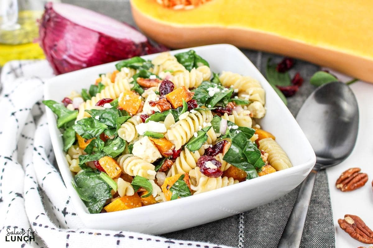 Autumn Pasta Salad Recipe 21 - This hearty fall pasta salad combines the rich flavors of roasted butternut squash, tart cranberries, and a tangy Maple Dijon salad dressing. It's perfect for a seasonal fall gathering or a simple weeknight autumn dinner.