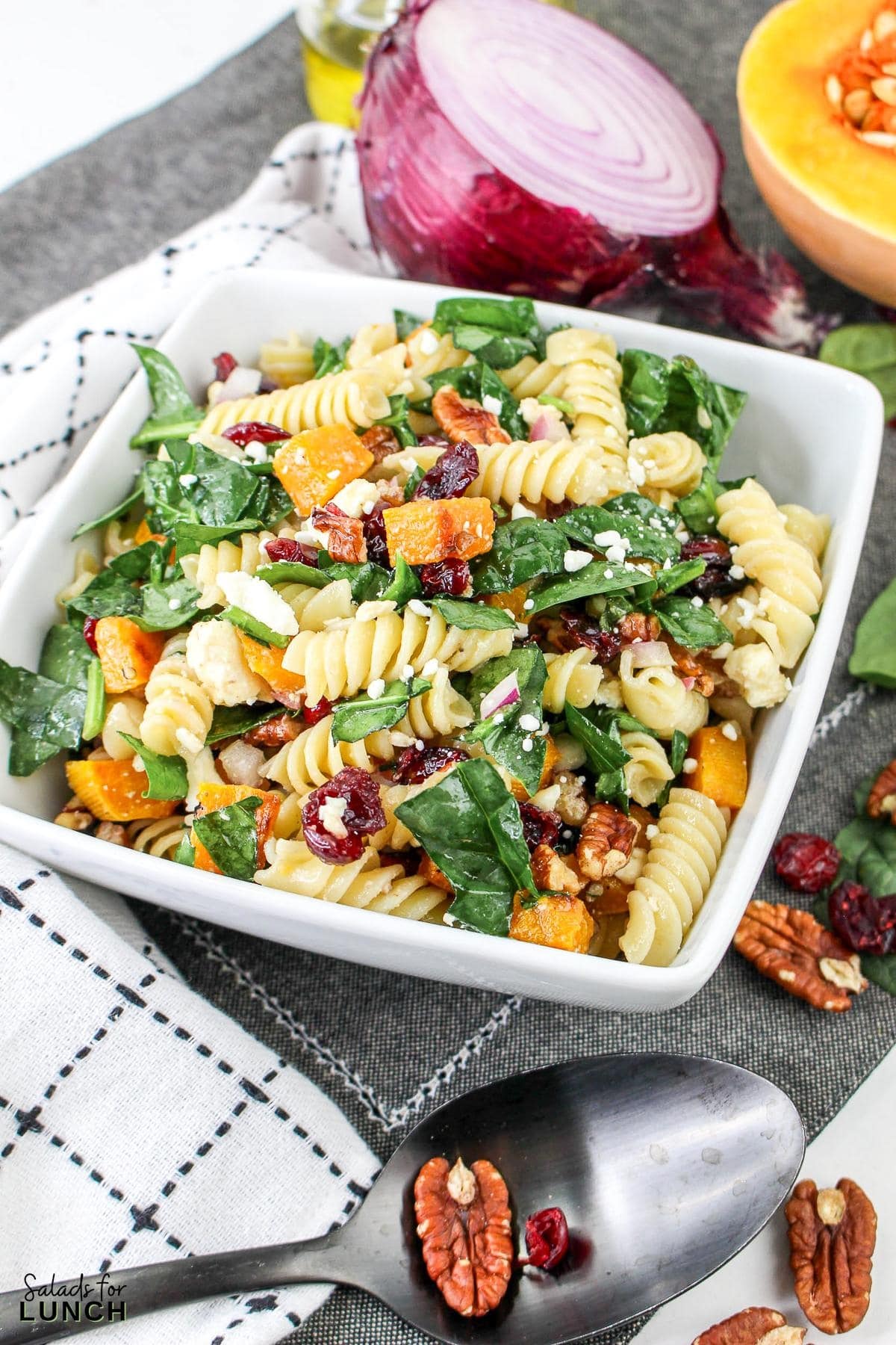Autumn Pasta Salad Recipe 24 - This hearty fall pasta salad combines the rich flavors of roasted butternut squash, tart cranberries, and a tangy Maple Dijon salad dressing. It's perfect for a seasonal fall gathering or a simple weeknight autumn dinner.