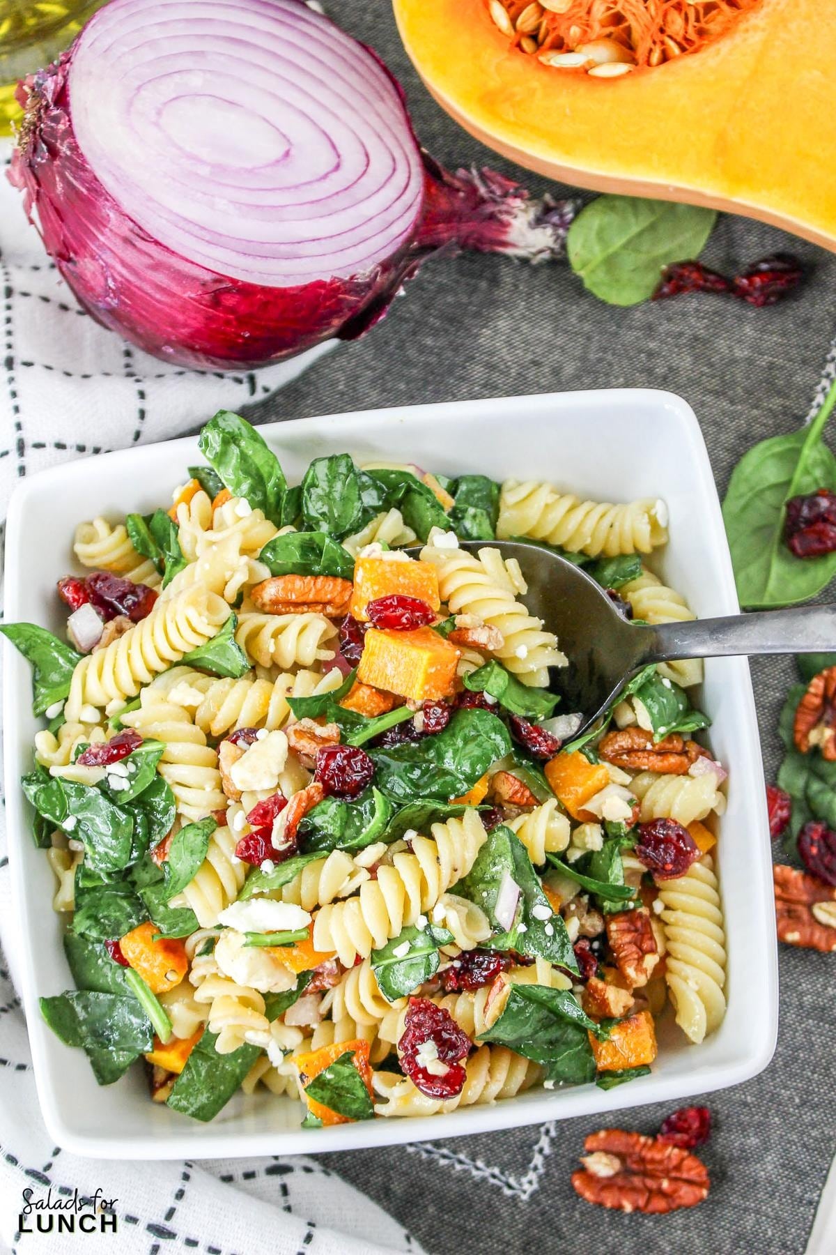 Autumn Pasta Salad Recipe 28 - This hearty fall pasta salad combines the rich flavors of roasted butternut squash, tart cranberries, and a tangy Maple Dijon salad dressing. It's perfect for a seasonal fall gathering or a simple weeknight autumn dinner.