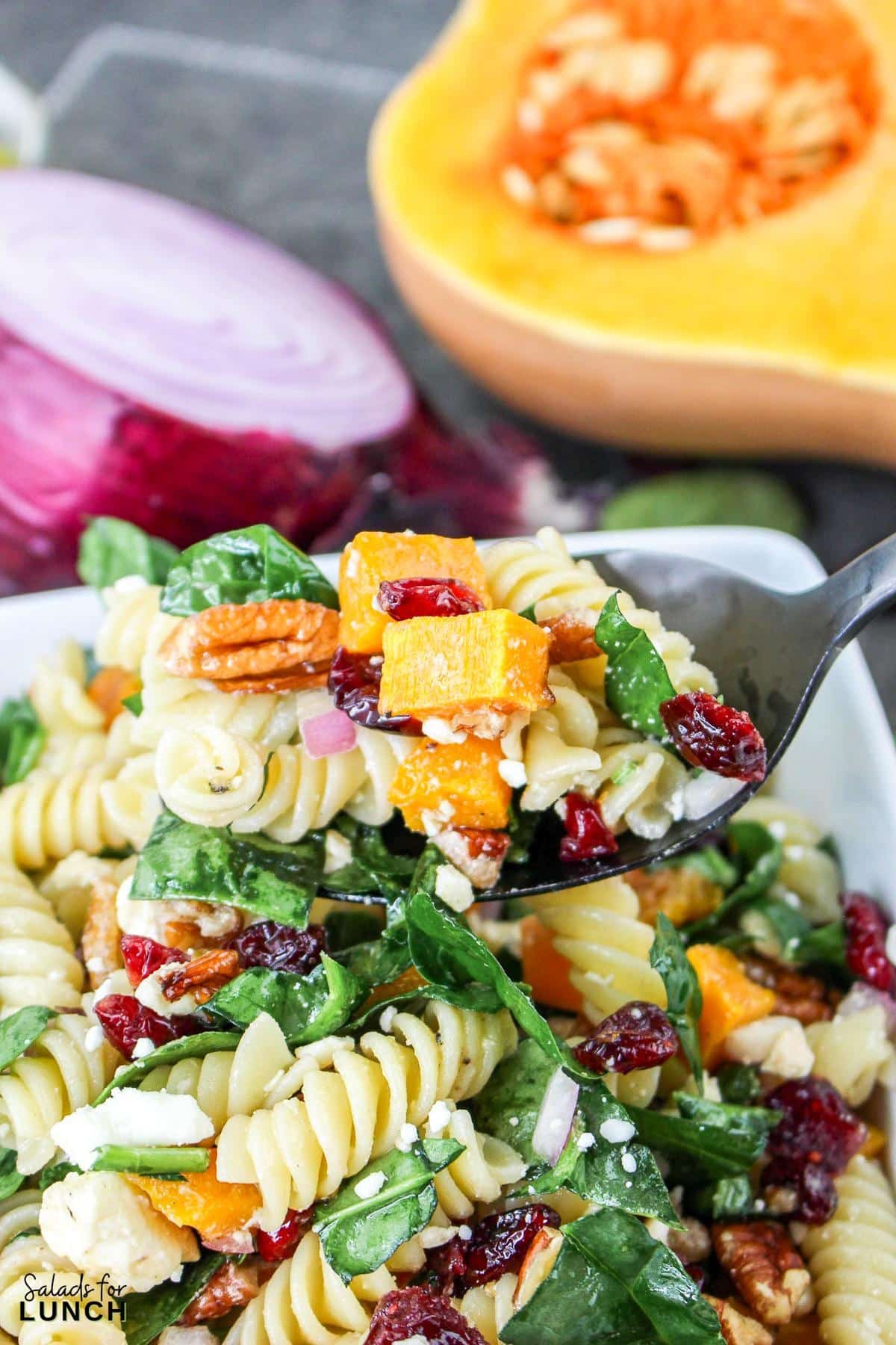 Autumn Pasta Salad Recipe 30 - This hearty fall pasta salad combines the rich flavors of roasted butternut squash, tart cranberries, and a tangy Maple Dijon salad dressing. It's perfect for a seasonal fall gathering or a simple weeknight autumn dinner.