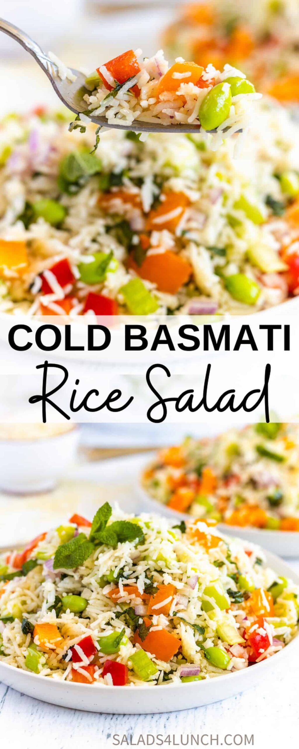 Close up of basmati rice salad with peppers, celery, mint and edamame on a white plate with text overlay that says: Basmati Rice Salad with Mint & Edamame.