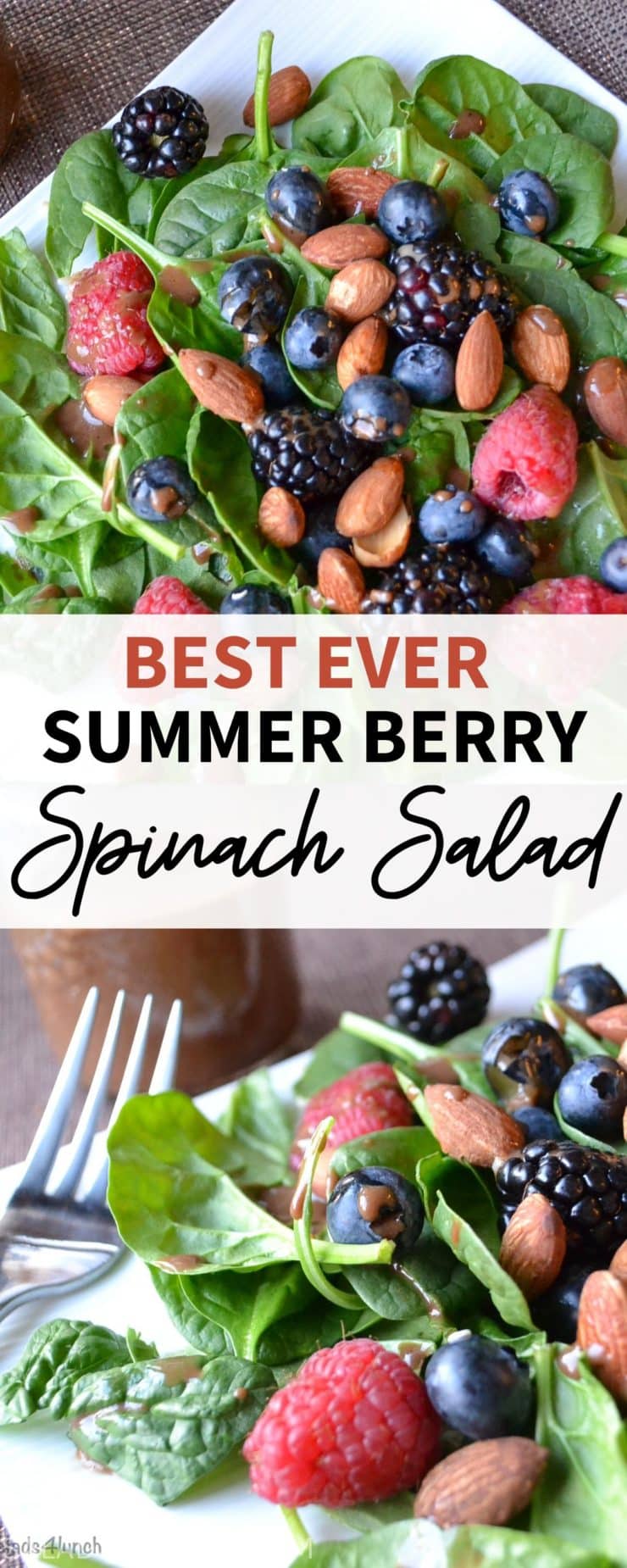 Close up of spinach salad with raspn=berries, blackberries, blueberries and almonds