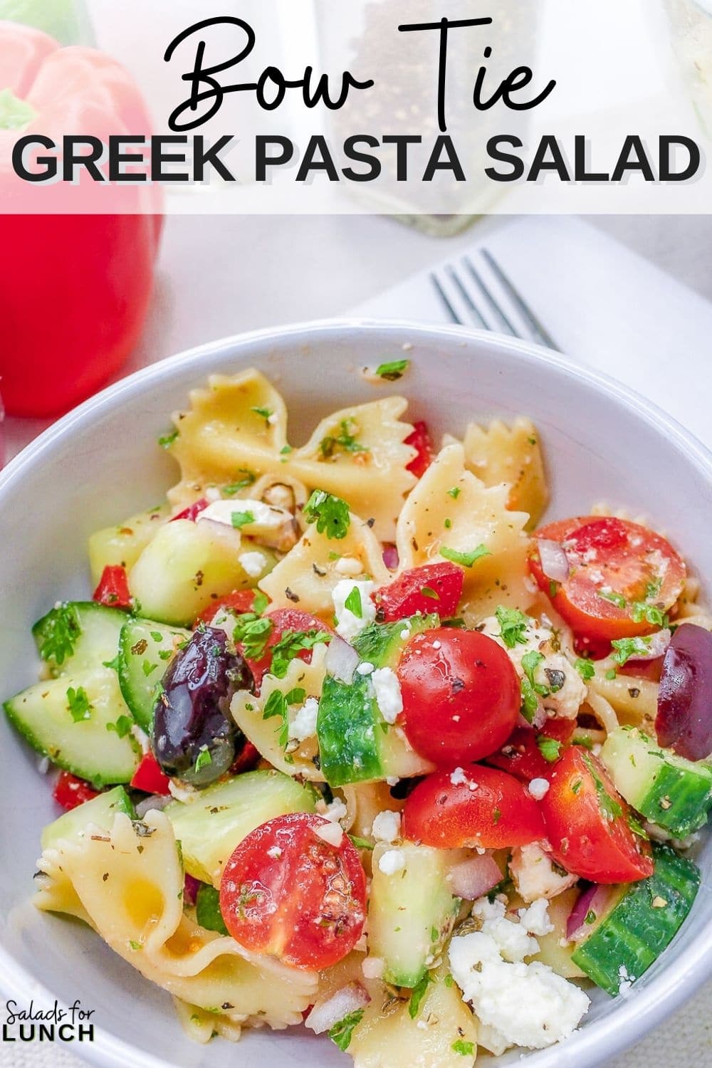 BOW TIE GREEK PASTA SALAD - This Mediterranean-inspired dish combines al dente bow tie pasta, crisp vegetables, briny Kalamata olives, and creamy feta cheese, all tossed in a zesty Greek dressing. Quick and easy to prepare, this healthy and flavorful salad is ideal for picnics, potlucks, or as a delightful side dish. Get ready to savor the taste of Greece with our easy-to-follow Bow Tie Greek Pasta Salad recipe!