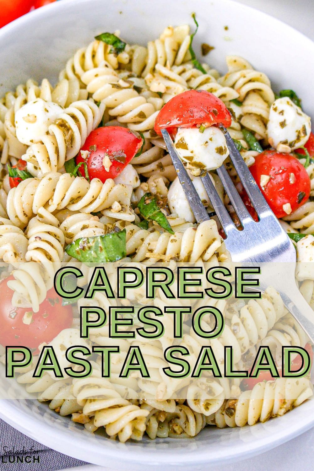 Caprese Pesto Pasta Salad 2 - This pasta salad is loaded with your favorite pasta noodles, fresh tomatoes and mozzarella and tossed in the best tasty pesto! It's such an easy dish and perfect for anytime of the year!