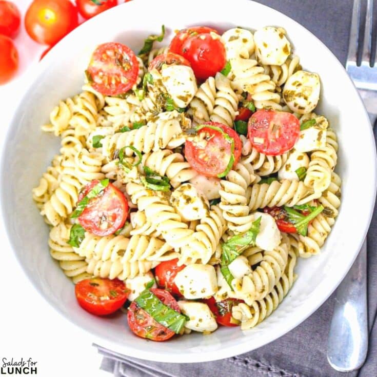 Caprese Pesto Pasta Salad Square Featured Photo - Shake up your weekday lunch with these tasty, healthy salads for lunch recipes that are great on the go. Make a filling and healthy salad that will power you through any work day. Full of protein and fiber these quick salads are an easy way to spruce up your lunch.