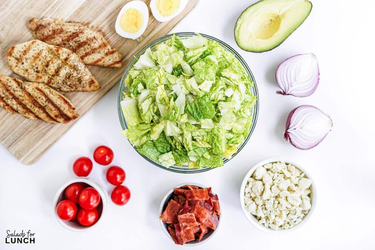 Overhead photo of the ingredients needed for cobb salad: Chopped romaine lettuce, hard boiled eggs, grilled chicken breasts, cherry tomatoes, red onion, bacon slices, and avocado.