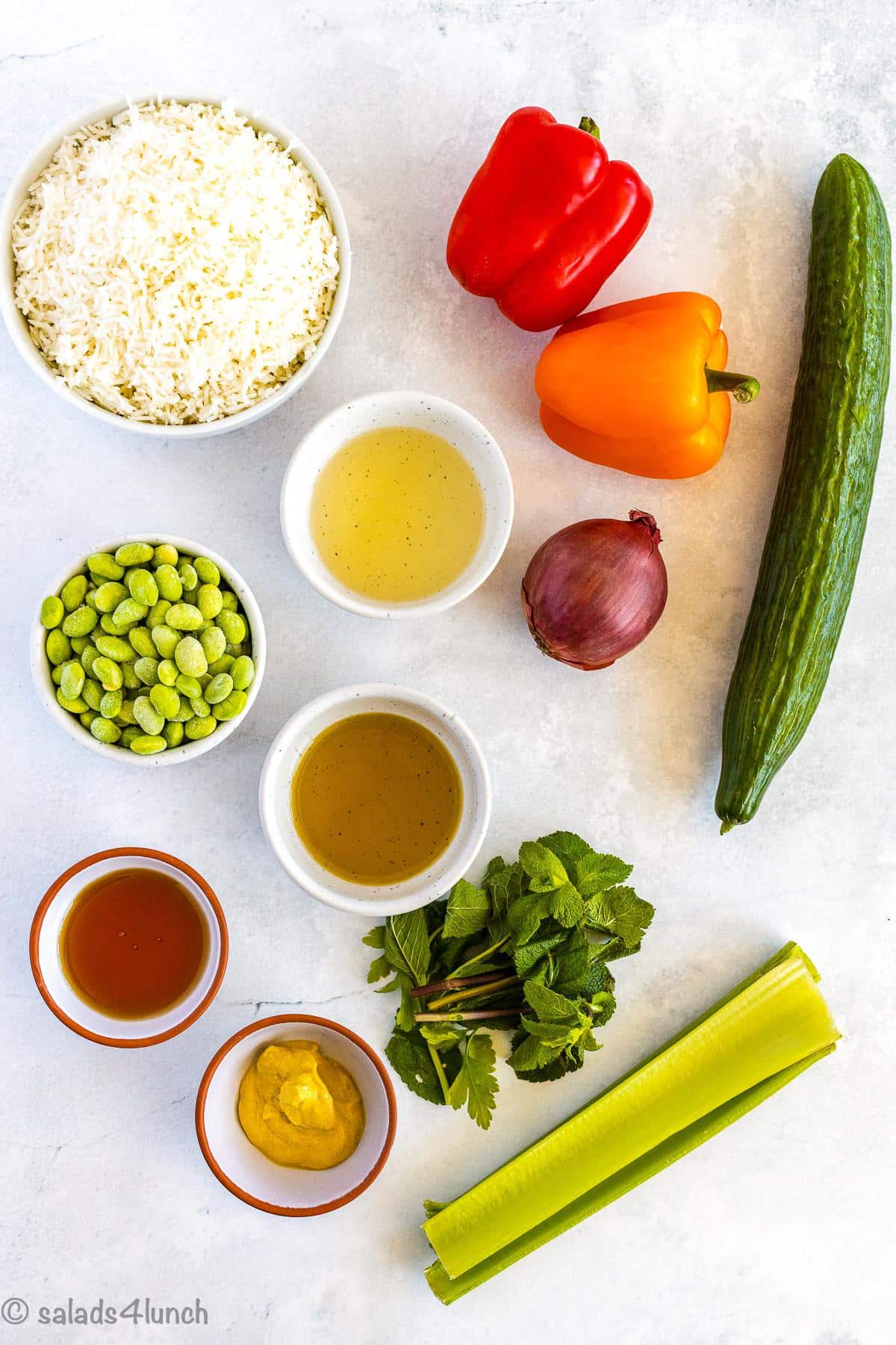Overhead photo showing the ingredients needed for a cold rice salad: basmati rice, bell peppers, cucumber, red onion, olive oil, edamame, maple syrup, rice vinegar, dijon mustard, fresh mint, and celery.
