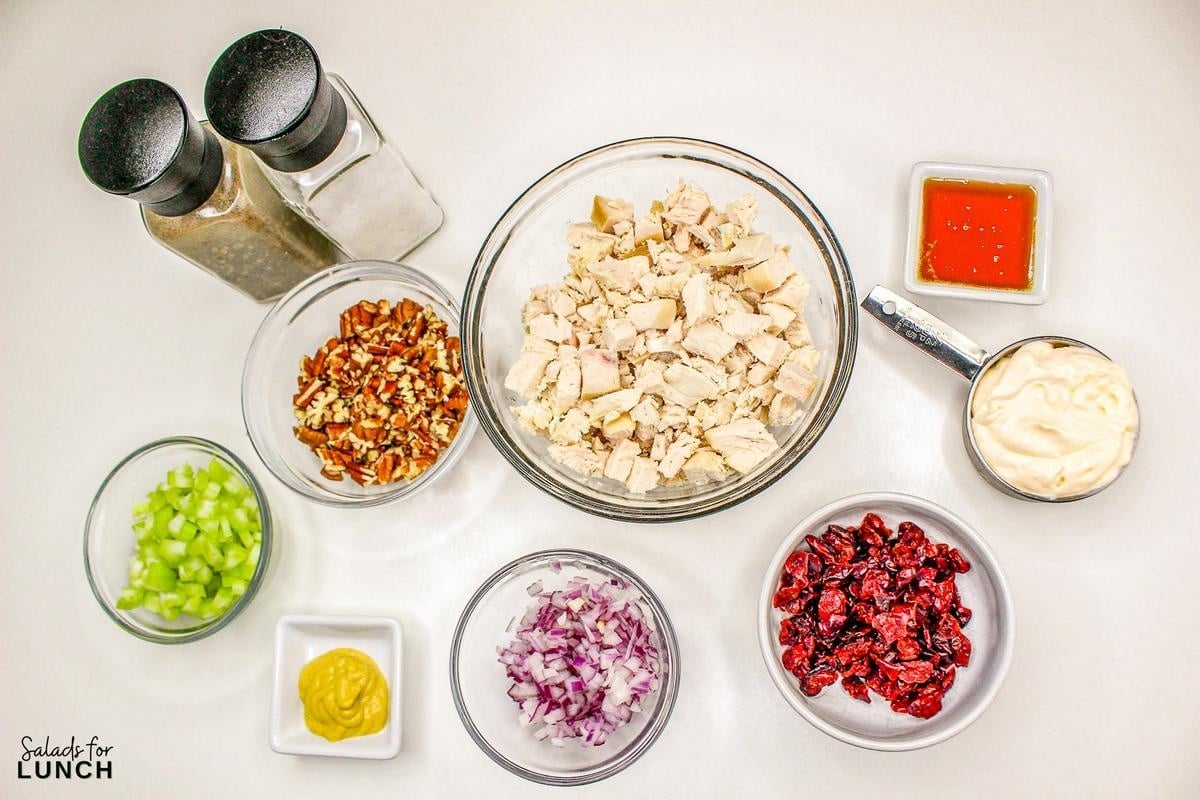 Cranberry Chicken Salad 2 - Cranberry Pecan Chicken Salad is a delightful blend of tender diced chicken, sweet dried cranberries, crunchy toasted pecans, and crisp celery, all mixed in a creamy dressing with a hint of honey and Dijon mustard.