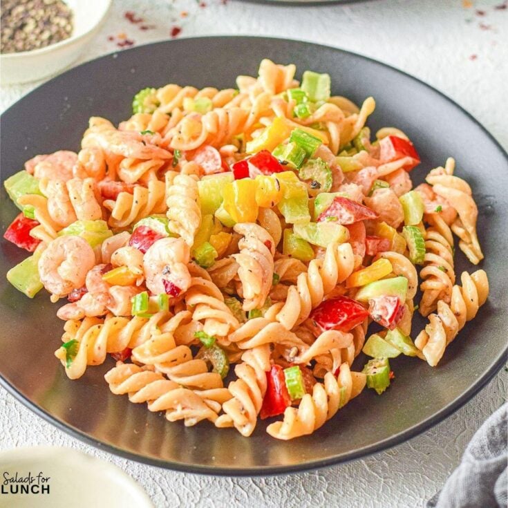 Creamy Shrimp Pasta Salad 2 - Shake up your weekday lunch with these tasty, healthy salads for lunch recipes that are great on the go. Make a filling and healthy salad that will power you through any work day. Full of protein and fiber these quick salads are an easy way to spruce up your lunch.