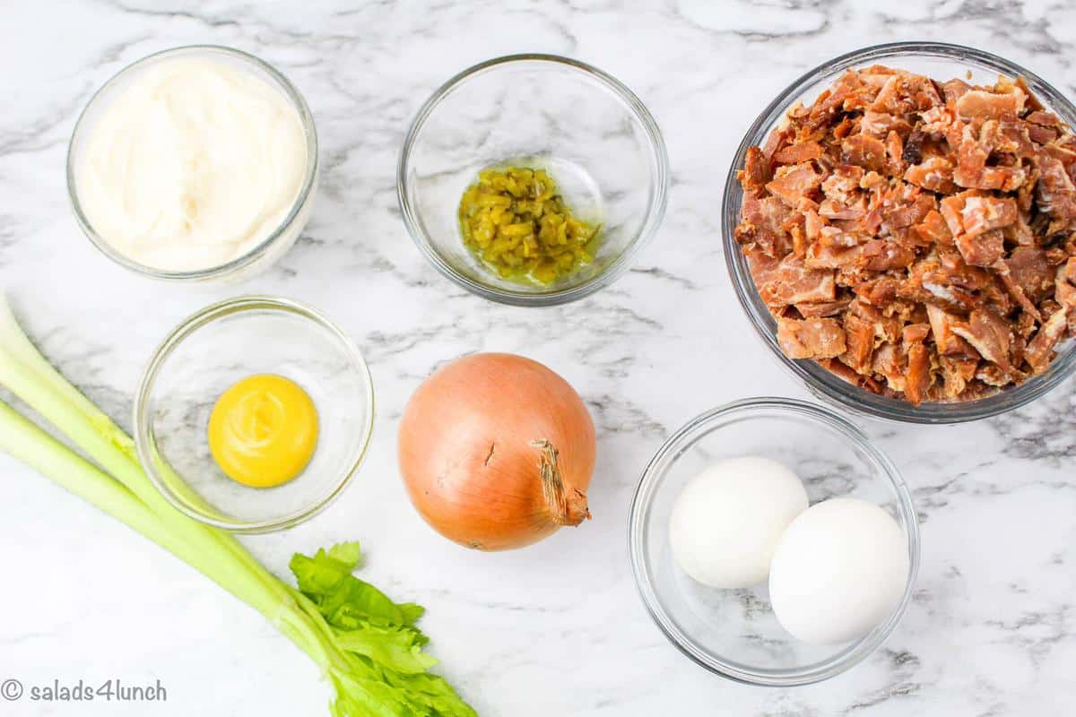 Overhead of ingredients needed to make Deviled Ham Salad