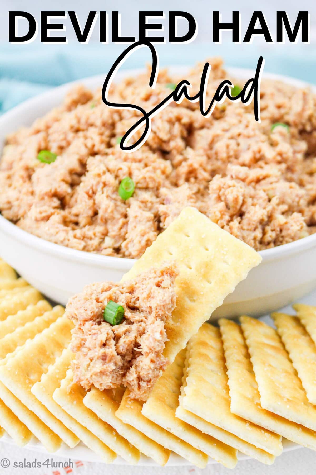 White bowl with deviled ham spread in it with saltine crackers around it and a close up of a saltine cracker with deviled ham spread on it.