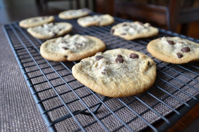 Photo of delicious soft baked chocolate chip cookies cooling in a cooling rack.