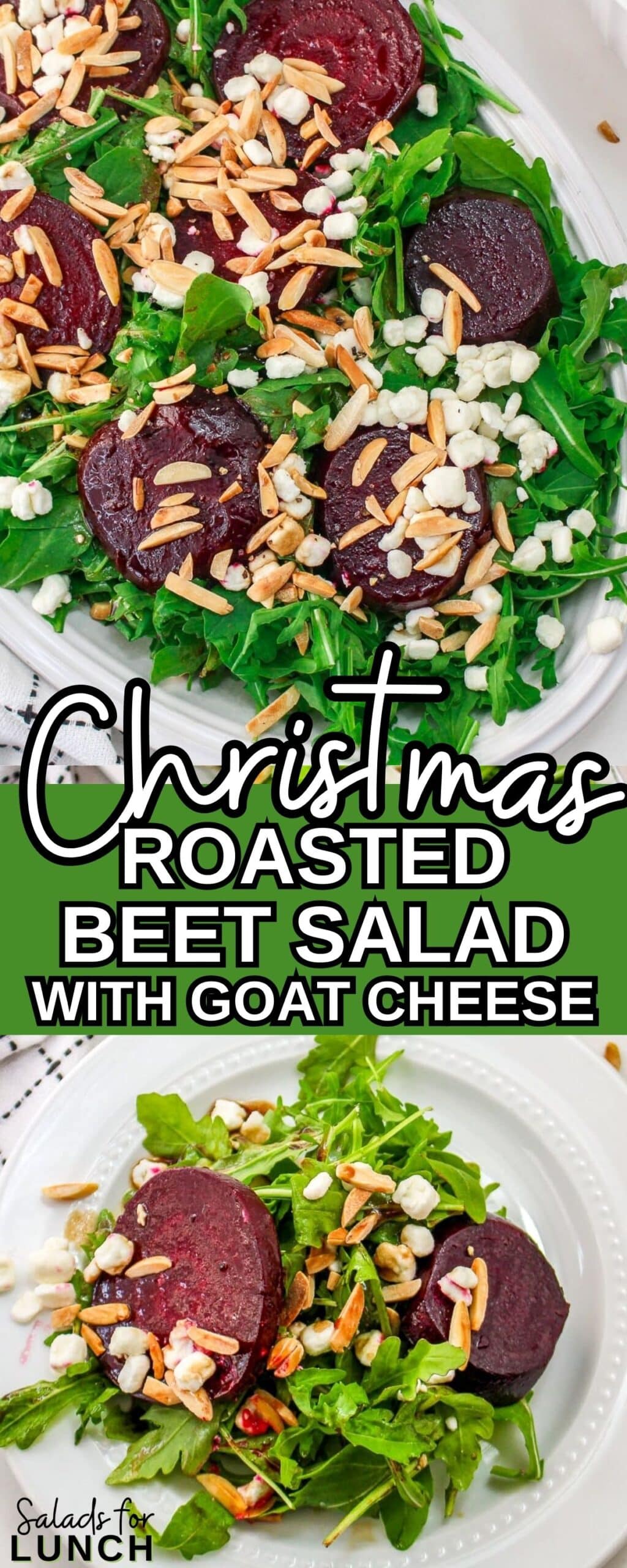 Easy Christmas Roasted Beet Salad Recipe 1 scaled - With the festive hues of red beets, green arugula, and golden slivered almonds, this Christmas salad recipe is a celebration of flavors and a feast for the eyes that will make your holiday spread merry and bright!