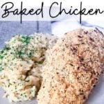 Close up of garlic parmesan baked chicken breast with a side of risotto on a white plate on a grey napkin with text overlay that says "Garlic Parmesan Oven Baked Chicken".