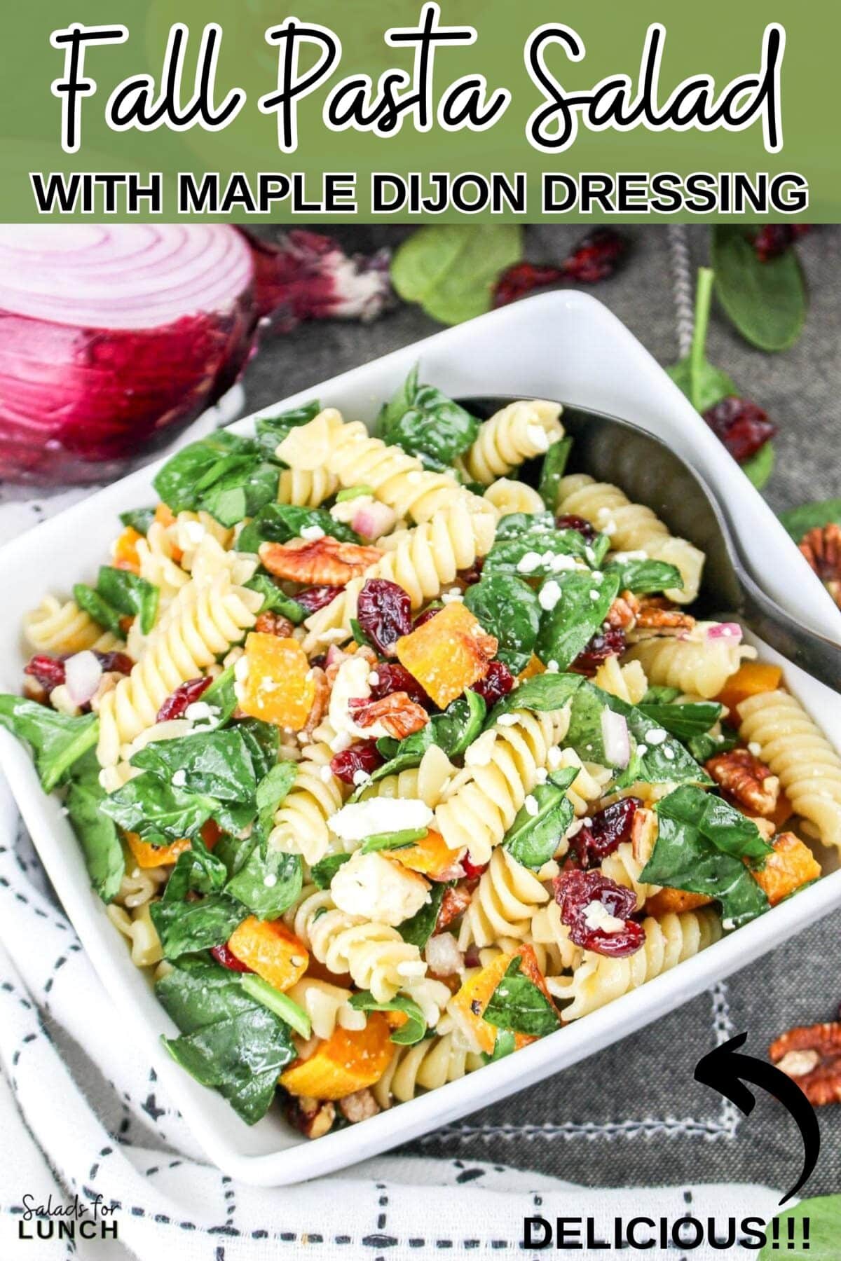 Fall Pasta Salad Recipe - This hearty fall pasta salad combines the rich flavors of roasted butternut squash, tart cranberries, and a tangy Maple Dijon salad dressing. It's perfect for a seasonal fall gathering or a simple weeknight autumn dinner.