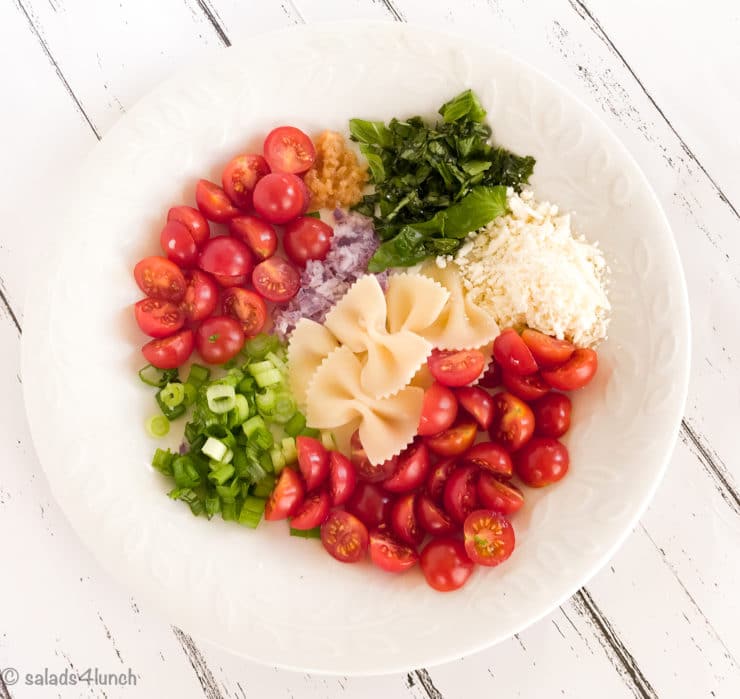 PLate showing ingredients for Feta Bruschetta Pasta Salad including roma tomatoes, green onions, red onion, feta cheese, bow tie pasta and garlic.