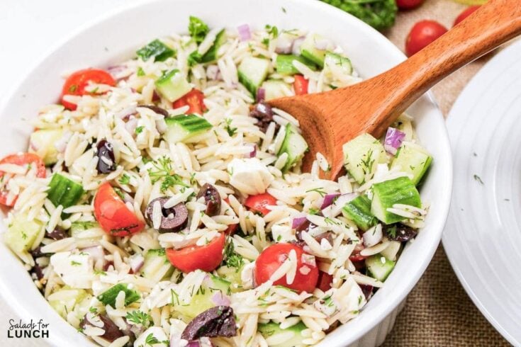 Greek Orzo Salad 17 - Shake up your weekday lunch with these tasty, healthy salads for lunch recipes that are great on the go. Make a filling and healthy salad that will power you through any work day. Full of protein and fiber these quick salads are an easy way to spruce up your lunch.