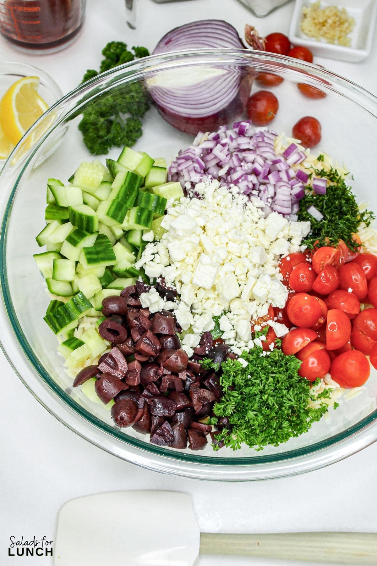 Greek Orzo Salad 2 - Are you ready to jazz up your lunchtime routine with a salad that's as delicious as it is easy to make? Say hello to the Greek Orzo Salad—a vibrant, refreshing dish that's bursting with Mediterranean flavors and perfect for any meal. Whether you're looking for a quick lunch or a light dinner, this salad is a crowd-pleaser that’s sure to satisfy. This Greek Orzo Salad comes together in just 25 minutes, making it an ideal choice for busy days when you still want to eat something healthy and delicious.