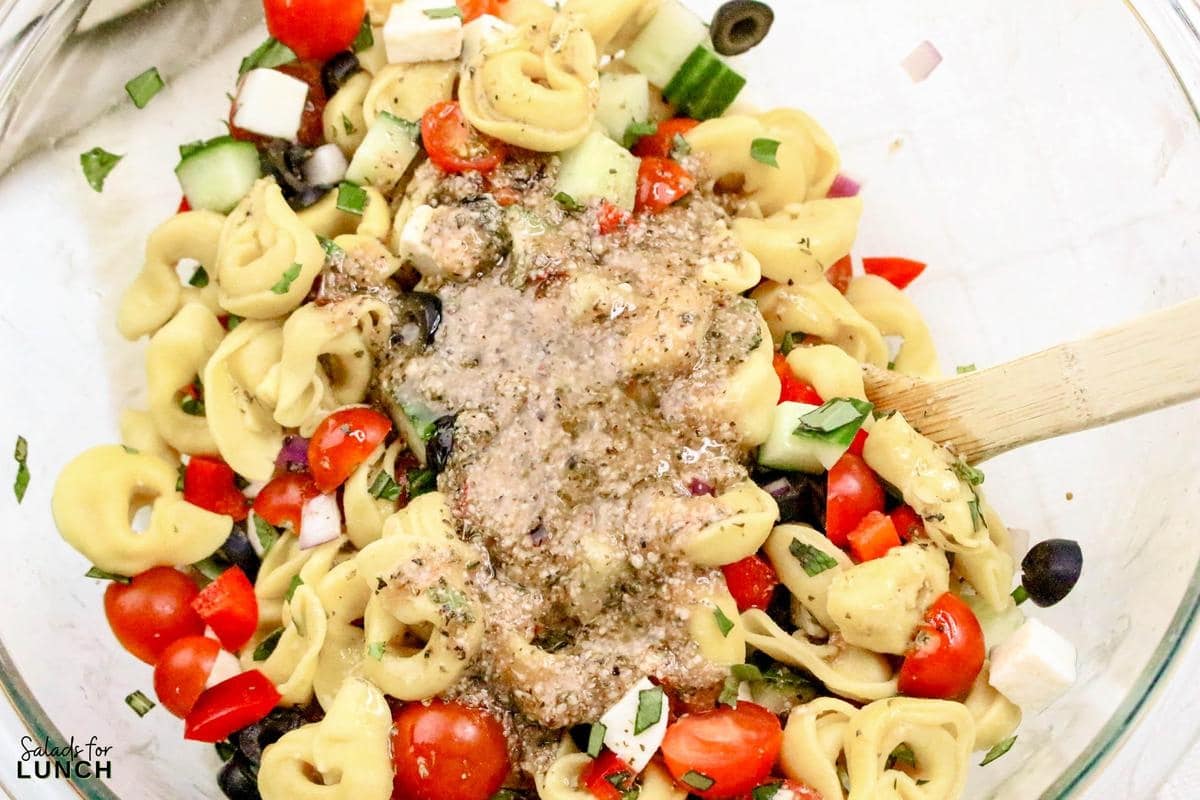 Greek Tortellini Pasta Salad Recipe 23 - This Tortellini Pasta Salad with Italian Salad Dressing is a fantastic mix of tender cheese tortellini, crisp vegetables, and a zesty dressing that makes every bite a treat. Perfect for potlucks or a quick meal, this salad brings a cheerful vibe to any gathering without taking hours to prepare.