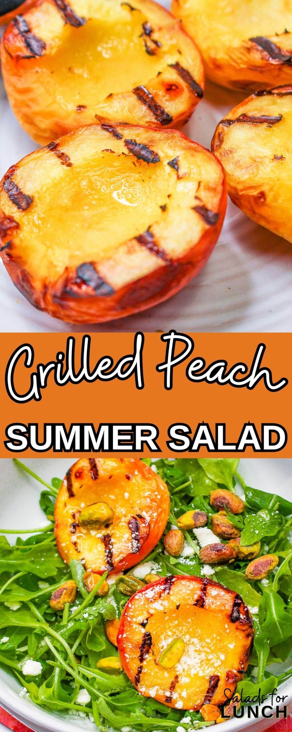 Elevate BBQs with this Grilled Peach Salad! Juicy peaches, arugula, mint & pistachios combine for a refreshing summer salad. Try it now! 🍑🥗