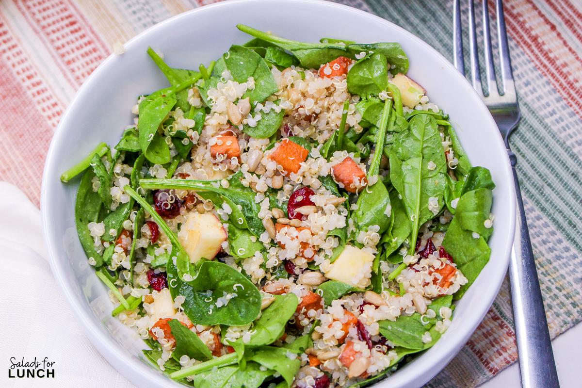 Harvest Quinoa Salad 17 - This Harvest Quinoa Salad is a delightful mix of texture and flavors of autumn and fall. Made with roasted roasted sweet potatoes, dried cranberries, red apple, spinach, sunflower seeds, protein-rich quinoa, and an apple cider vinaigrette, this gluten-free, plant-based recipe is a show-stopper!