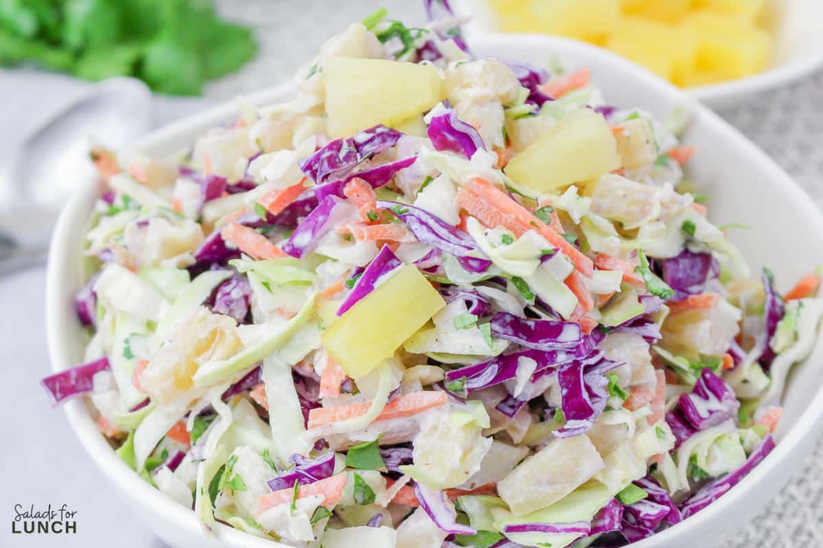 Horizontal close up of colourful hawaiian coleslaw with pineapple in a white bowl.
