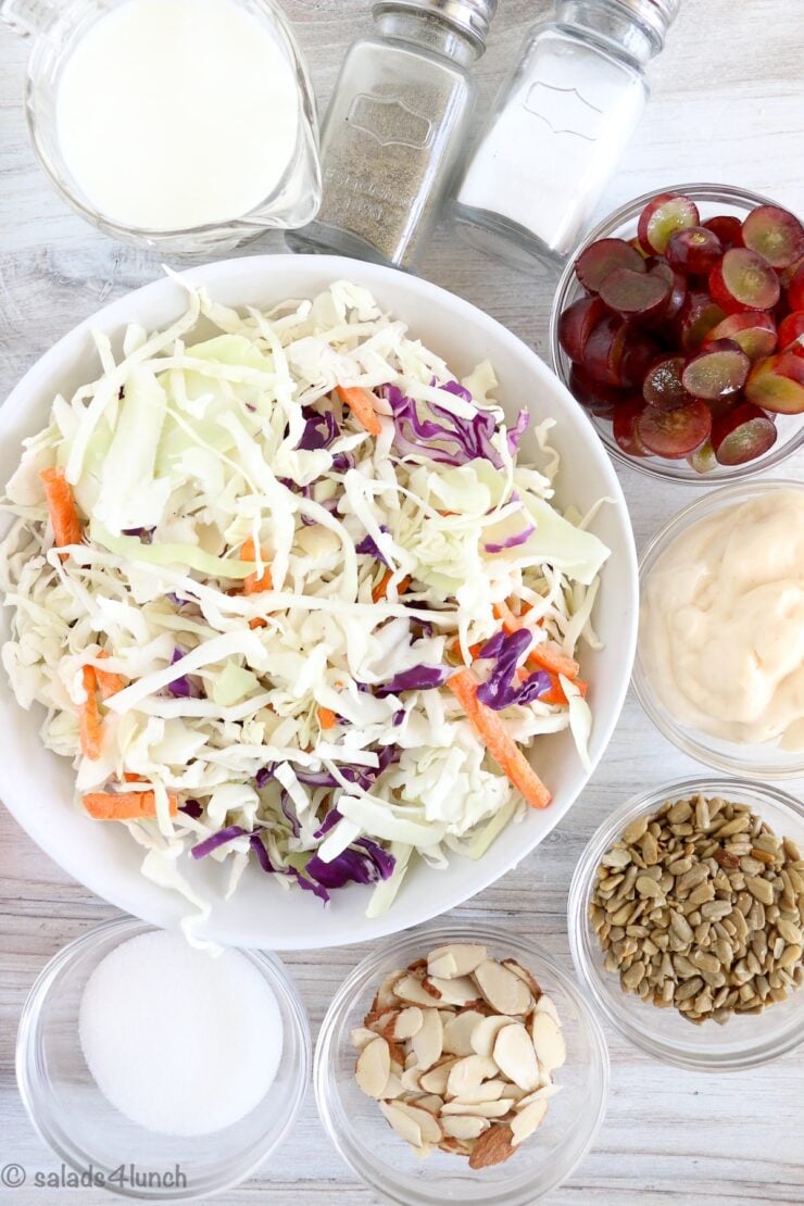 Overhead photo of ingredients needed to make creamy coleslaw salad, including coleslaw cabbage mix, red grapes, sunflower seeds, almonds, mayonnaise, milk and sugar.