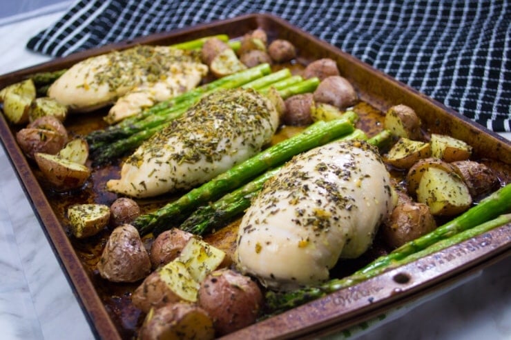 Roasted Garlic Herb Chicken Sheet Pan Dinner with Asparagus and Potatoes