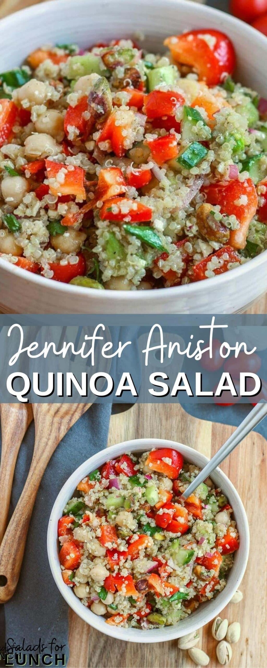 Jennifer Aniston Quinoa Saad scaled - Looking for an easy, fast and healthy lunch option? Try this delicious TikTok quinoa salad! Not only is this salad loaded with flavor, but it also provides a good source of protein and fiber from the chickpeas, quinoa, and pistachios. You're going to love this easy to make quinoa salad recipe!