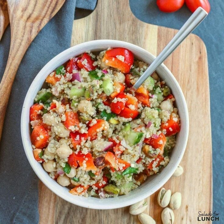 Jennifer Aniston Quinoa Salad Square Featured Photo - Shake up your weekday lunch with these tasty, healthy salads for lunch recipes that are great on the go. Make a filling and healthy salad that will power you through any work day. Full of protein and fiber these quick salads are an easy way to spruce up your lunch.