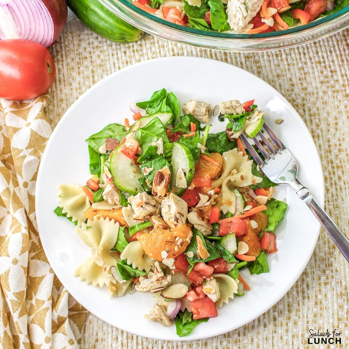 Mandarin Chicken Pasta Salad Square Featured Photo - Need an easy-to-make nutritious meal? This Mandarin Chicken Pasta Salad is perfect – filled with asian flavors and protein-packed chicken to keep you full.
