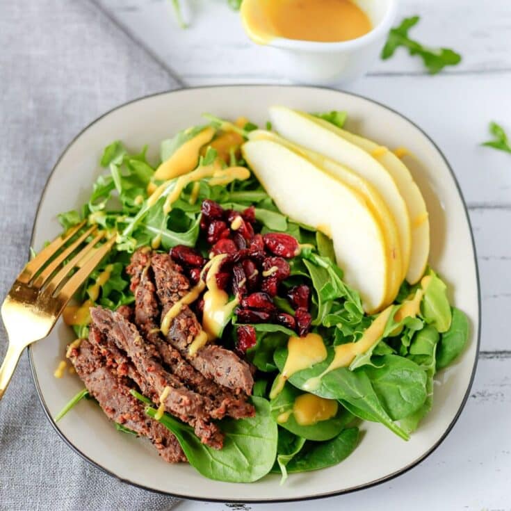 Montreal Steak and Pear Salad with Honey Mustard Dressing - March brings a lively mix of fresh fruits and vegetables that light up your plate with bold flavors and crisp textures. Celebrate March with these 17 early spring salads that prove healthy eating can be fun, flavorful, and budget-friendly.