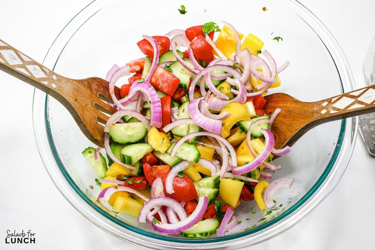 Panzanella Salad 4 - This Classic Italian Panzanella Salad (aka Tuscan Bread Salad) is a refreshing summer salad made with juicy tomatoes, crusty bread, and a simple vinaigrette. This is a great salad to bring to a summer BBQ.