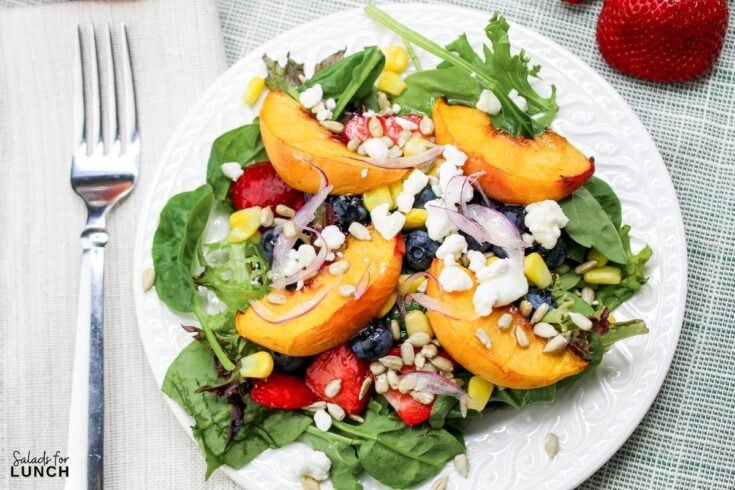 Peach Berry Salad Recipe 13 - Shake up your weekday lunch with these tasty, healthy salads for lunch recipes that are great on the go. Make a filling and healthy salad that will power you through any work day. Full of protein and fiber these quick salads are an easy way to spruce up your lunch.