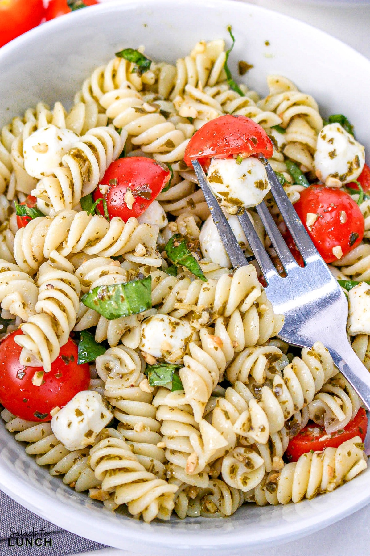 Pesto Caprese Pasta Salad 19 - This pasta salad is loaded with your favorite pasta noodles, fresh tomatoes and mozzarella and tossed in the best tasty pesto! It's such an easy dish and perfect for anytime of the year!