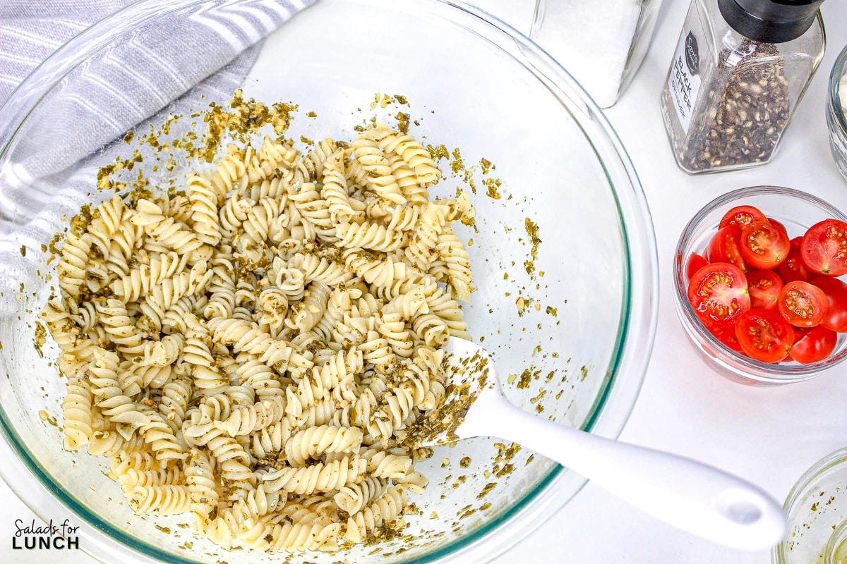 Pesto Caprese Pasta Salad 4 - This pasta salad is loaded with your favorite pasta noodles, fresh tomatoes and mozzarella and tossed in the best tasty pesto! It's such an easy dish and perfect for anytime of the year!