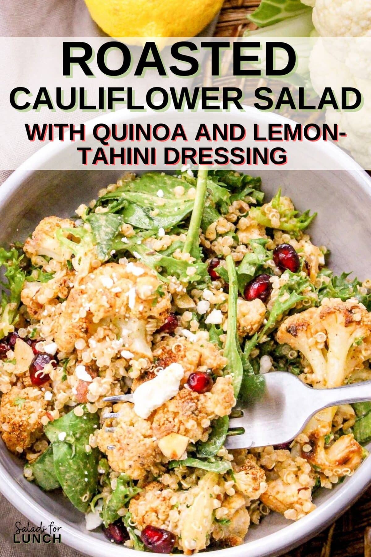 Roasted Cauliflower Salad Recipe - This Roasted Cauliflower Salad with Lemon-Tahini Dressing is everything—golden roasted cauliflower, fresh greens, crunchy almonds, and a tangy, creamy dressing that ties it all together. Bonus: this salad is gluten-free, packed with veggies, and perfect for meal prep or your next dinner party.