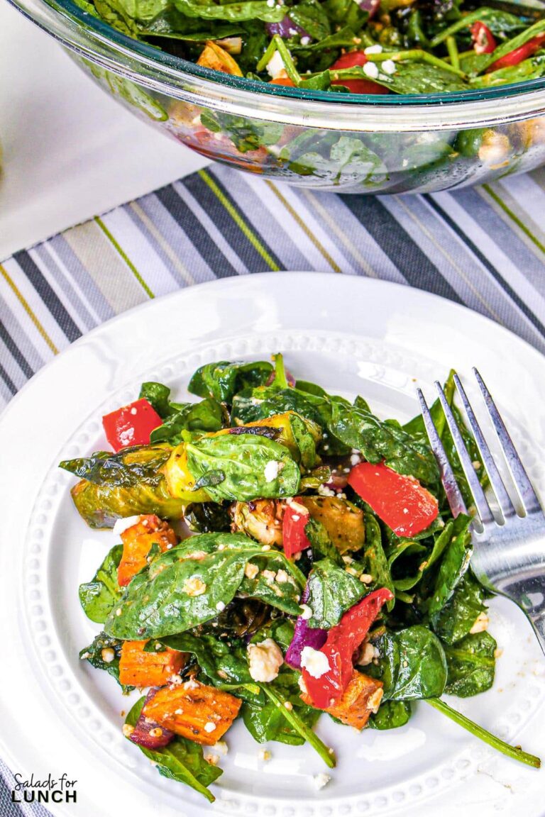 Overhead photo of a colorful vegetable salad with roasted red pepper, red onion, brussel sprouts, and sweet potato on a bed of baby spinach on a white plate.