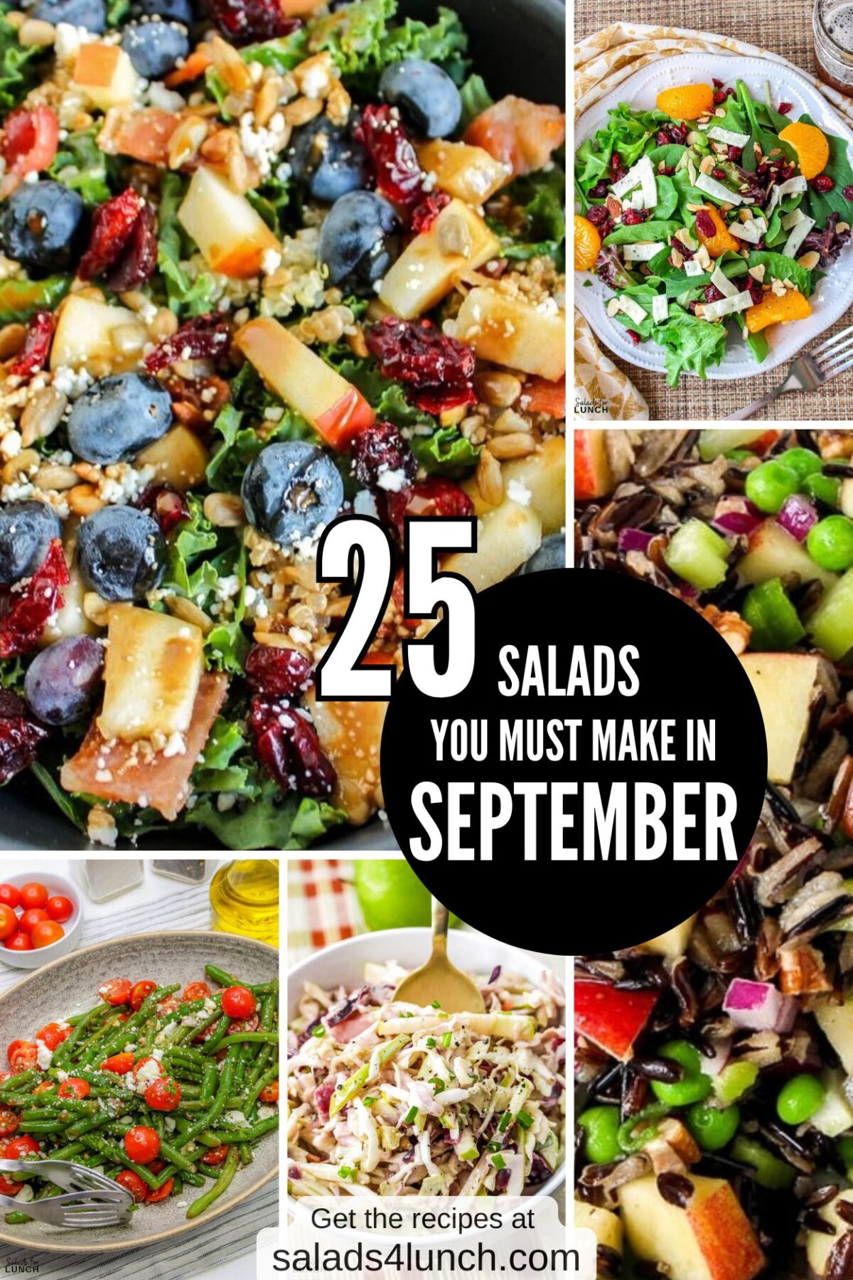 A collage of fall salads with text overlay that says, "25 Salads you must make in September".