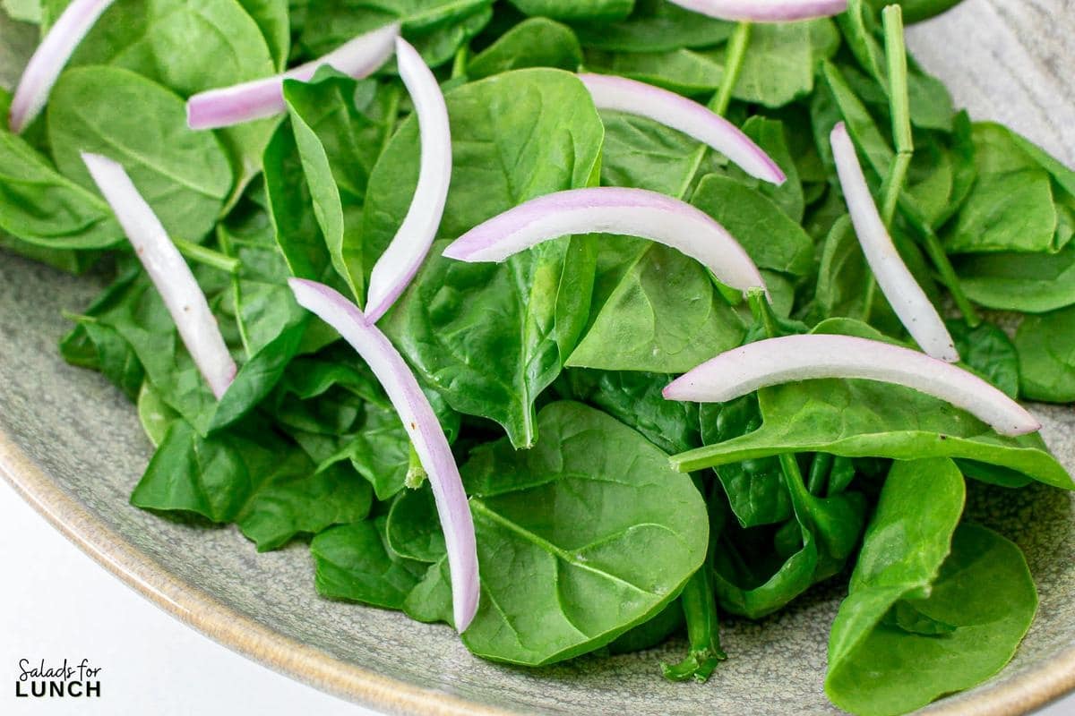 Spinach Salad with Eggs and Bacon Recipe 7 - Crisp baby spinach leaves, creamy hard-boiled eggs, savory bacon crumbles, and tangy red onion come together in perfect harmony, topped with a drizzle of homemade red wine vinegar dressing. It’s a satisfying spinach, egg and bacnon salad that’s as easy to make as it is delicious to eat!