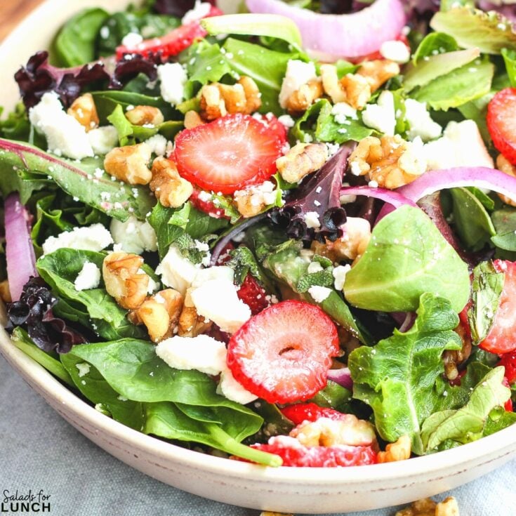 Strawberry Feta Mint Salad - Shake up your weekday lunch with these tasty, healthy salads for lunch recipes that are great on the go. Make a filling and healthy salad that will power you through any work day. Full of protein and fiber these quick salads are an easy way to spruce up your lunch.
