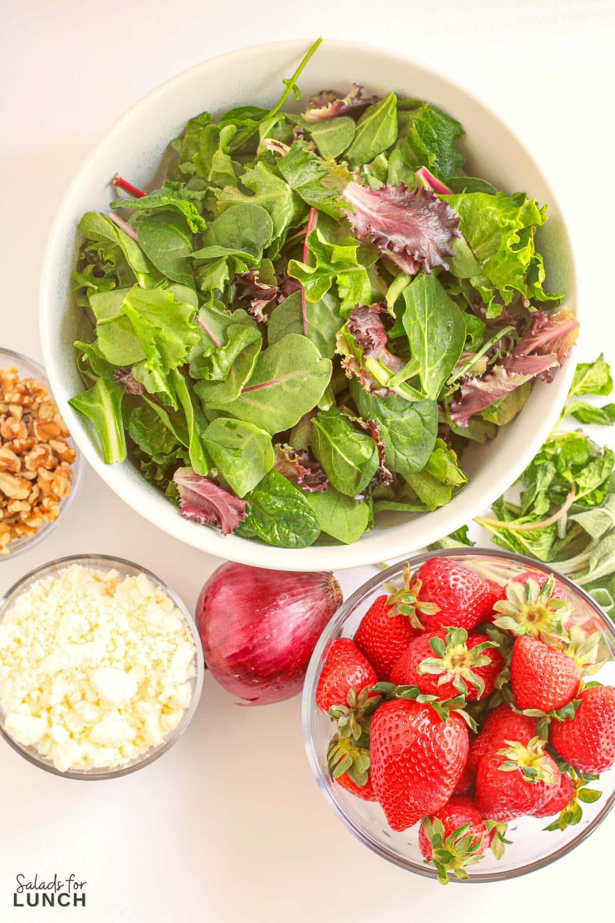 Overhead photo of ingredients needed to make strawberry feta and mint salad: spring mix, red onion, strawberries, feta, mint leaves, and walnuts.