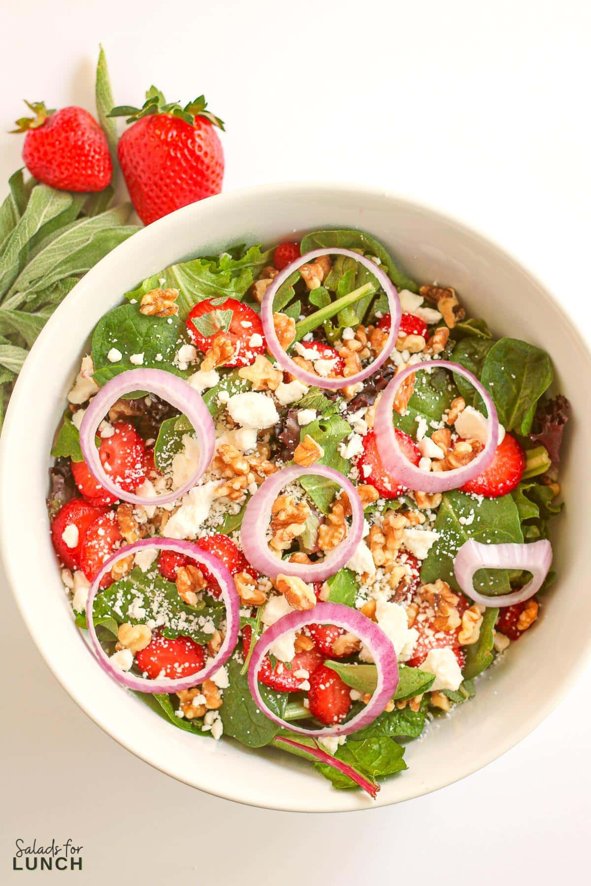 Overhead photo of a white bowl full of spring mix with strawberries, walnuts, feta, and red onion slices. 